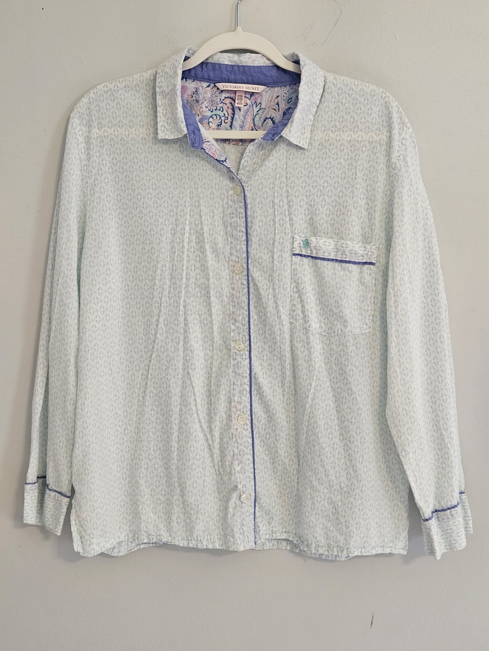 Victoria's Secret Light Blue Printed Pajama Shirt with Purple Trim
